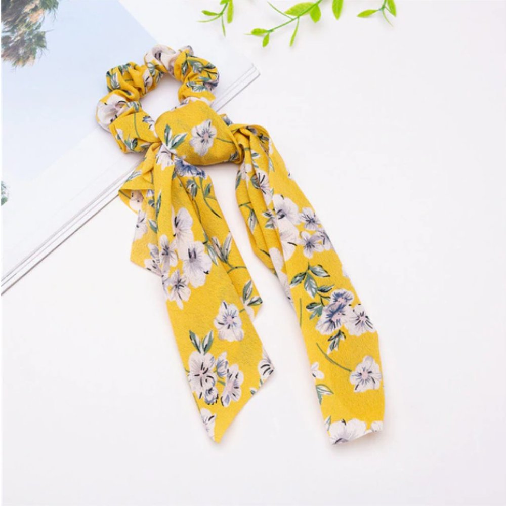 🆕 Ribbon Hair Tie Scrunchie - Floral Yellow